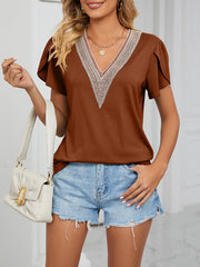 Lace Trim V Neck Short Sleeves Casual Blouse