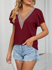 Lace Trim V Neck Short Sleeves Casual Blouse