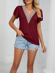 Lace Trim V Neck Short Sleeves Casual Blouse