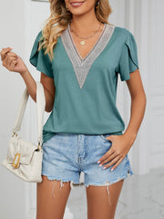 Lace Trim V Neck Short Sleeves Casual Blouse