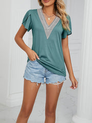 Lace Trim V Neck Short Sleeves Casual Blouse