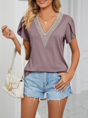 Lace Trim V Neck Short Sleeves Casual Blouse