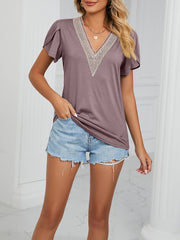 Lace Trim V Neck Short Sleeves Casual Blouse