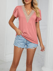 Lace Trim V Neck Short Sleeves Casual Blouse