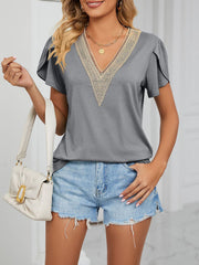 Lace Trim V Neck Short Sleeves Casual Blouse