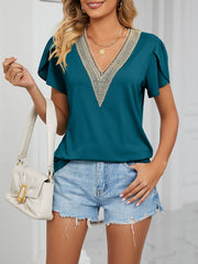 Lace Trim V Neck Short Sleeves Casual Blouse