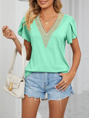 Lace Trim V Neck Short Sleeves Casual Blouse