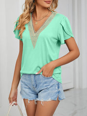 Lace Trim V Neck Short Sleeves Casual Blouse