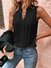 Notch Neck Sleeveless Pleated Casual Blouse