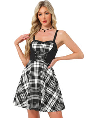 Plaid Lace-Up Gothic Sleeveless Tartan Mini Club Party Dress