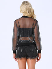 Sheer Mesh Shiny Long Sleeve See Through Zip Up Jacket