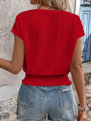 Round Neck Short Sleeve Eyelet Smocked Blouse