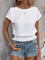 Round Neck Short Sleeve Eyelet Smocked Blouse