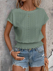 Round Neck Short Sleeve Eyelet Smocked Blouse