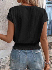 Round Neck Short Sleeve Eyelet Smocked Blouse