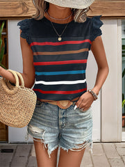 Eyelet Ruffled Cap Sleeve Striped Blouse
