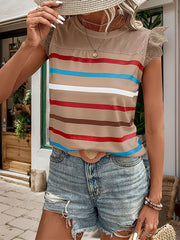 Eyelet Ruffled Cap Sleeve Striped Blouse