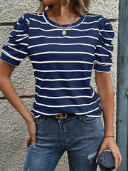Striped Round Neck Puff Short Sleeves Blouse