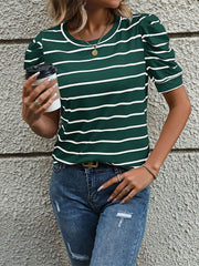 Striped Round Neck Puff Short Sleeves Blouse