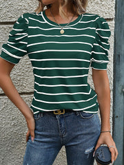 Striped Round Neck Puff Short Sleeves Blouse