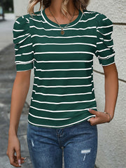 Striped Round Neck Puff Short Sleeves Blouse