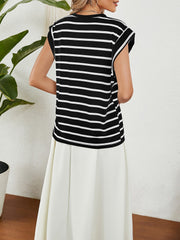 Round Neck Cap Sleeves Striped Casual Blouse