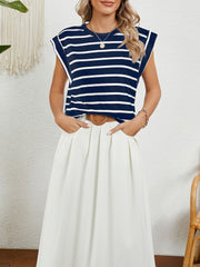 Round Neck Cap Sleeves Striped Casual Blouse