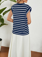 Round Neck Cap Sleeves Striped Casual Blouse