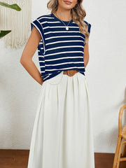 Round Neck Cap Sleeves Striped Casual Blouse