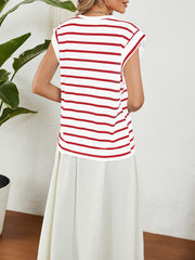 Round Neck Cap Sleeves Striped Casual Blouse