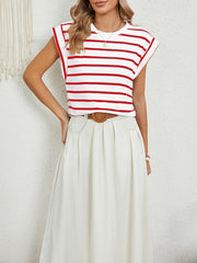 Round Neck Cap Sleeves Striped Casual Blouse