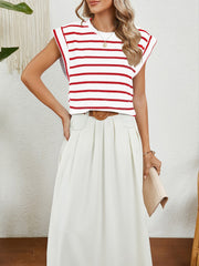 Round Neck Cap Sleeves Striped Casual Blouse