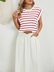 Round Neck Cap Sleeves Striped Casual Blouse