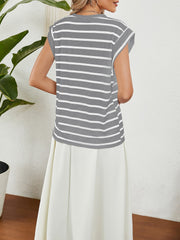 Round Neck Cap Sleeves Striped Casual Blouse