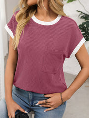 Round Neck Short Sleeves Colorblock Textured Blouse