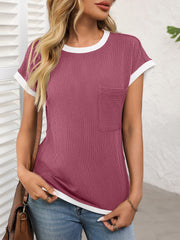 Round Neck Short Sleeves Colorblock Textured Blouse