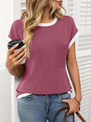 Round Neck Short Sleeves Colorblock Textured Blouse