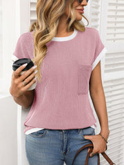 Round Neck Short Sleeves Colorblock Textured Blouse