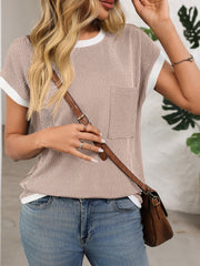Round Neck Short Sleeves Colorblock Textured Blouse