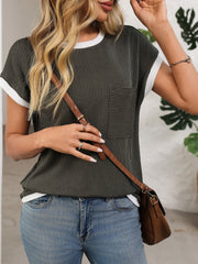 Round Neck Short Sleeves Colorblock Textured Blouse