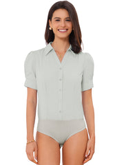 Button Down Leotard Shirt Short Sleeve Collared Business Work Bodysuit