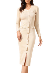 Button Decor Knit Bodycon Midi Sweater Dress