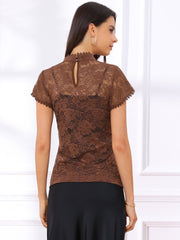 Elegant Floral Lace Short Sleeve Keyhole Back Fitted Blouse