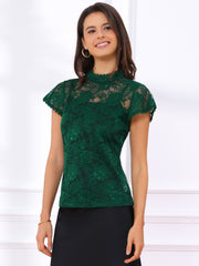 Elegant Floral Lace Short Sleeve Keyhole Back Fitted Blouse