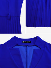 Short Sleeve Belted Pleated Work Midi Dress Professional Office Style Cinched Waist and Flared Pleats