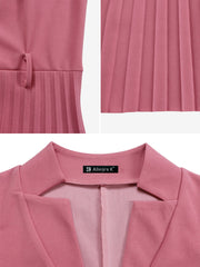 Short Sleeve Belted Pleated Work Midi Dress Professional Office Style Cinched Waist and Flared Pleats