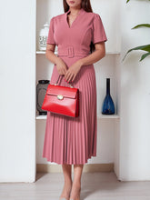 Short Sleeve Belted Pleated Work Midi Dress Professional Office Style Cinched Waist and Flared Pleats