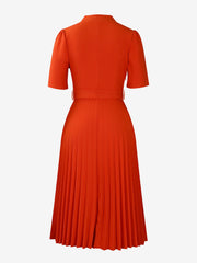 Short Sleeve Belted Pleated Work Midi Dress Professional Office Style Cinched Waist and Flared Pleats