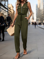 All-in-One with Utility Pockets & Adjustable Waist Sleeveless Zipper Drawstring Waist Pocketed Jumpsuits