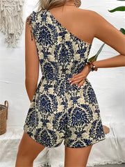 Boho Floral One Shoulder Tie Waist Short Jumpsuits Rompers